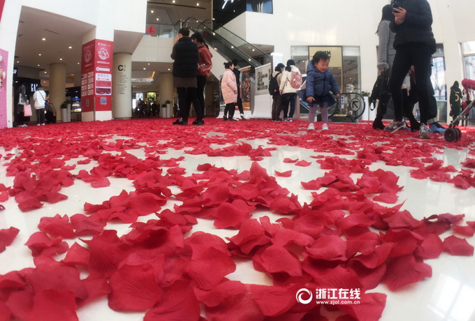 杭州商場(chǎng)花瓣鋪路 情人節(jié)很應(yīng)景增添了浪漫氣息